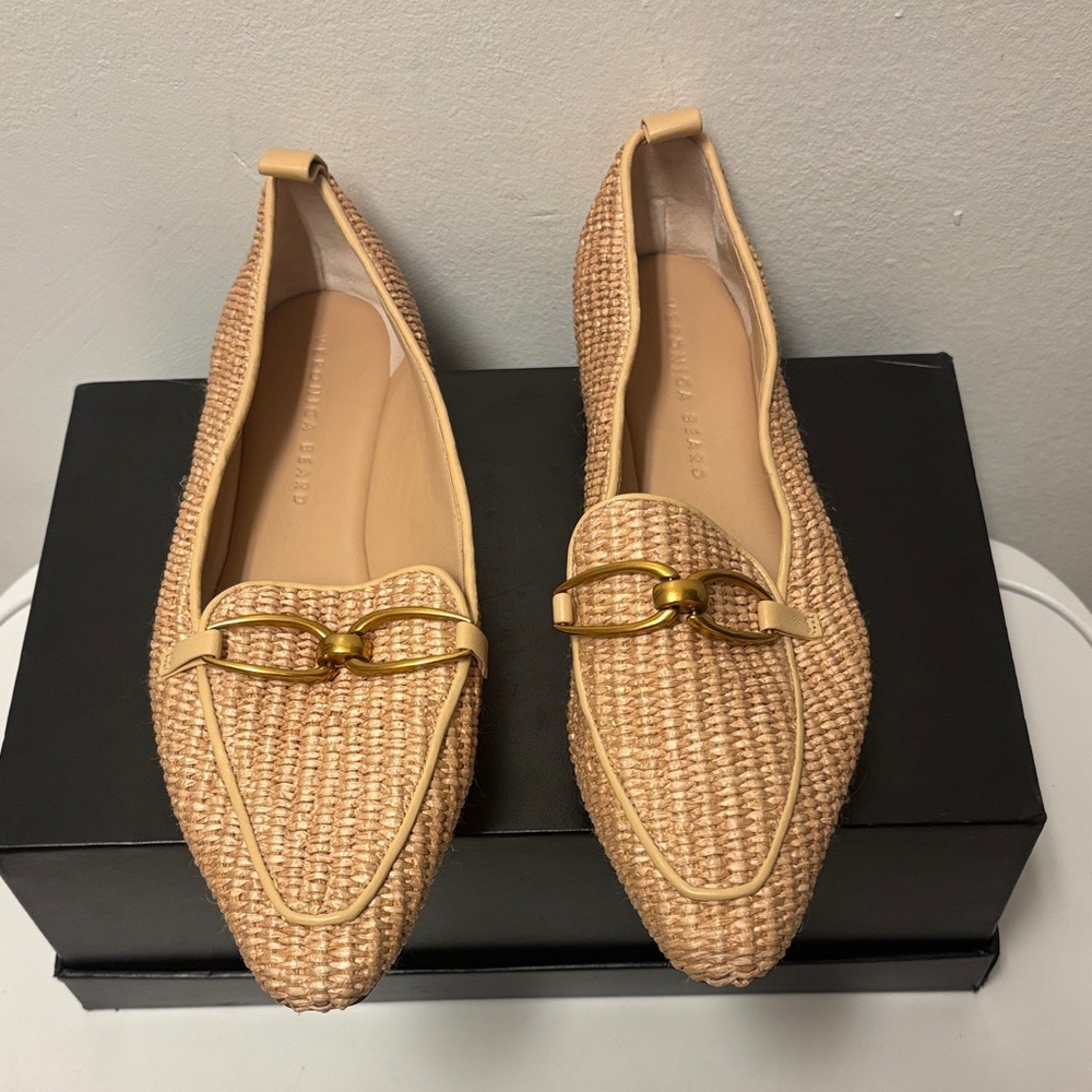 Veronica Beard Champlain Loafer in Ecru Woven Flats with Gold Detail Size : 8.5 - Picture 4 of 11